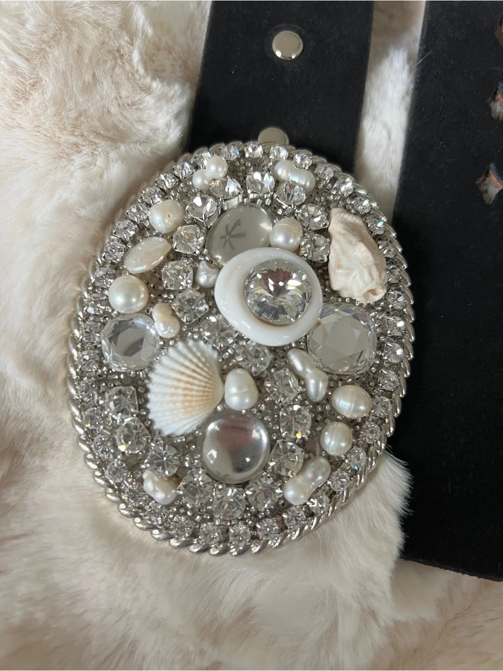 Authentic Douglas Cloutier Mosaic Pearl Shell Swarovski Mosaic Buckle Belt Sz 32